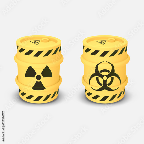 Set yellow round metal drum. 3D rendering. Vector illustration isolated. Barrel of toxic, radioactive waste. Dangerous chemical liquids, flammable gases, toxins, radiation, biological hazard