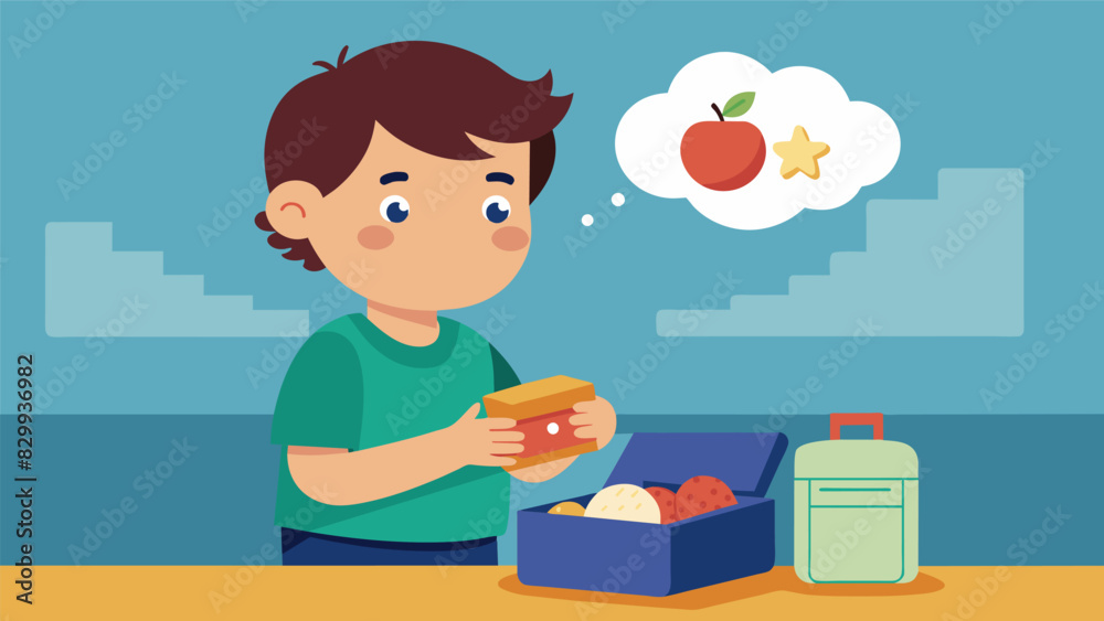 After a long morning at school a child is surprised to find a motivational quote from his parents in his lunch box.. Vector illustration After a long morning at school a child is surprised to find a motivational quote from his parents in his lunch box.. Vector illustration