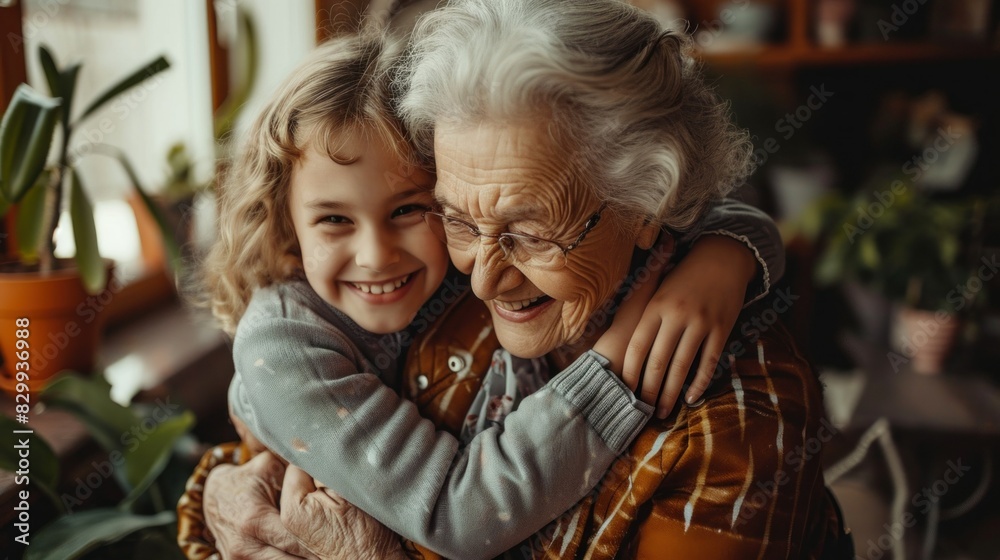 Happy old grandmother hugging little grandchild girl looking at camera, smiling mature mother or senior grandma granny laughing embracing adopted kid granddaughter sitting on couch Happy old grandmother hugging little grandchild girl looking at camera, smiling mature mother or senior grandma granny laughing embracing adopted kid granddaughter sitting on couch