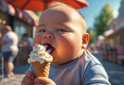 Delightful Moment  Chubby Man Savors Ice Cream Under Warm Sun