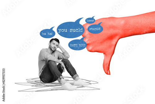 Fotografie Drawing painting template collage of  sad upset young guy suffer terrible critic
