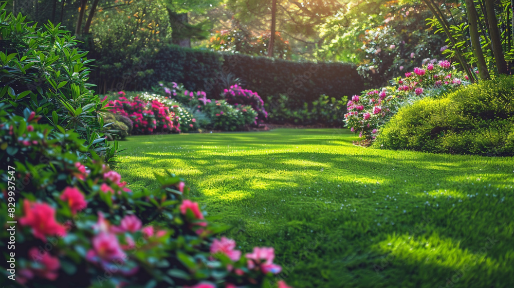 Obraz premium Lush garden, vibrant green grass, colorful flowers