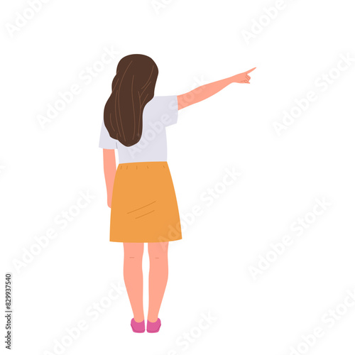 Rear view of preteen girl child cartoon character pointing finger aside directing place of interest