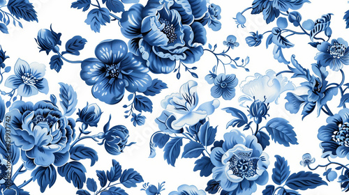Vintage floral pattern, blue and white flower palette, intricately flower designs