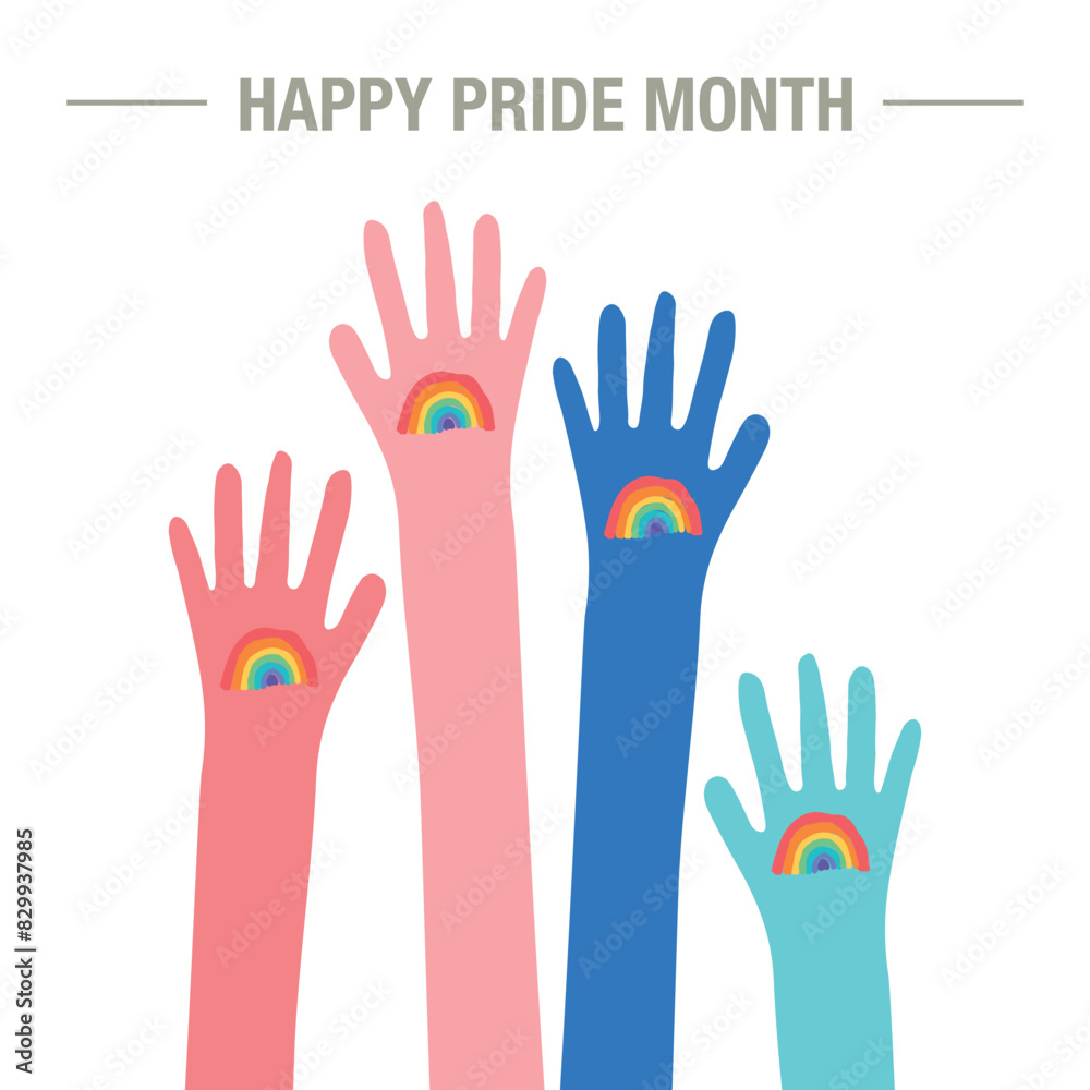 Happy pride month. LGBTQ design element. Rainbow and People hands up. vector illustration. Happy pride month. LGBTQ design element. Rainbow and People hands up. vector illustration.