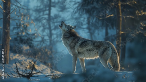 Majestic Grey Wolf Howling in Snowy Forest at Dawn, Perfect for Wildlife Posters and Nature-Themed Designs