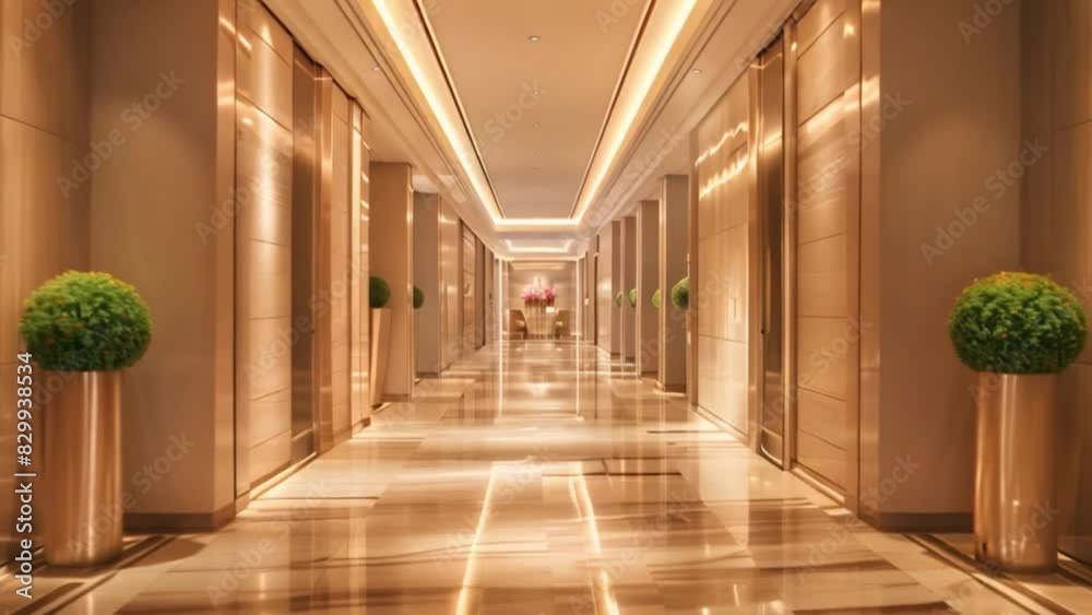 A view down a hotel lobby long hallway flanked by planters on either side.