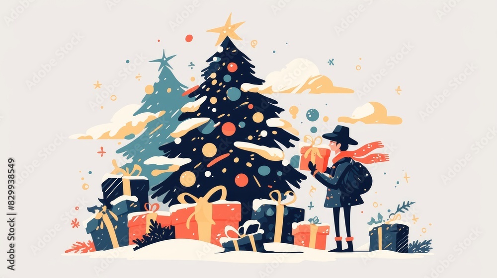 A farmer is shown choosing a gift box placed under a pine tree in a whimsical cartoon doodle with a flat design style 2d illustration A farmer is shown choosing a gift box placed under a pine tree in a whimsical cartoon doodle with a flat design style 2d illustration