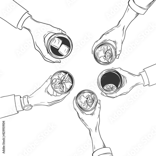 Hands holding glasses with alcoholic drinks in pub. top view. Cheerful people clinking. Mates drinking cocktails in bar. Vector background. drinks toast, hand with glass drink, beverage toasting