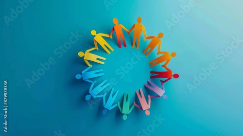 Different colored paper human figures are arranged on blue background , representing unity, social protection, and anti-discrimination concept,top view