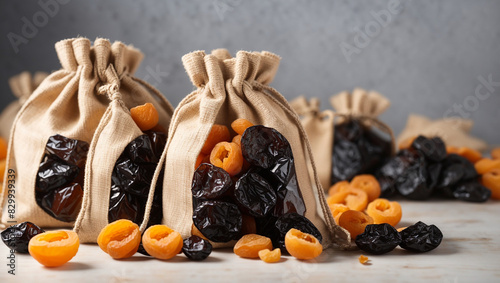 Two open sacks with dried apricots and prunes spilled in front of them.

 photo