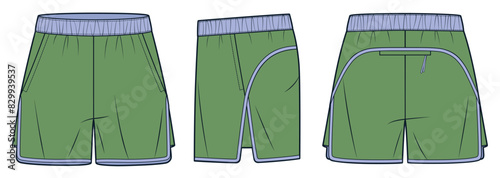 Short Pants technical fashion illustration. Sport Shorts fashion flat technical drawing template, elastic waist, pockets, front, side and back view, green, women, men, unisex Sportswear CAD mockup set