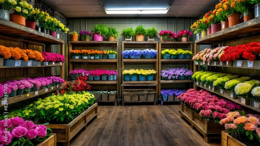 Vibrant flower shop interior with shelves and buckets full of colorful flowers Vibrant flower shop interior with shelves and buckets full of colorful flowers