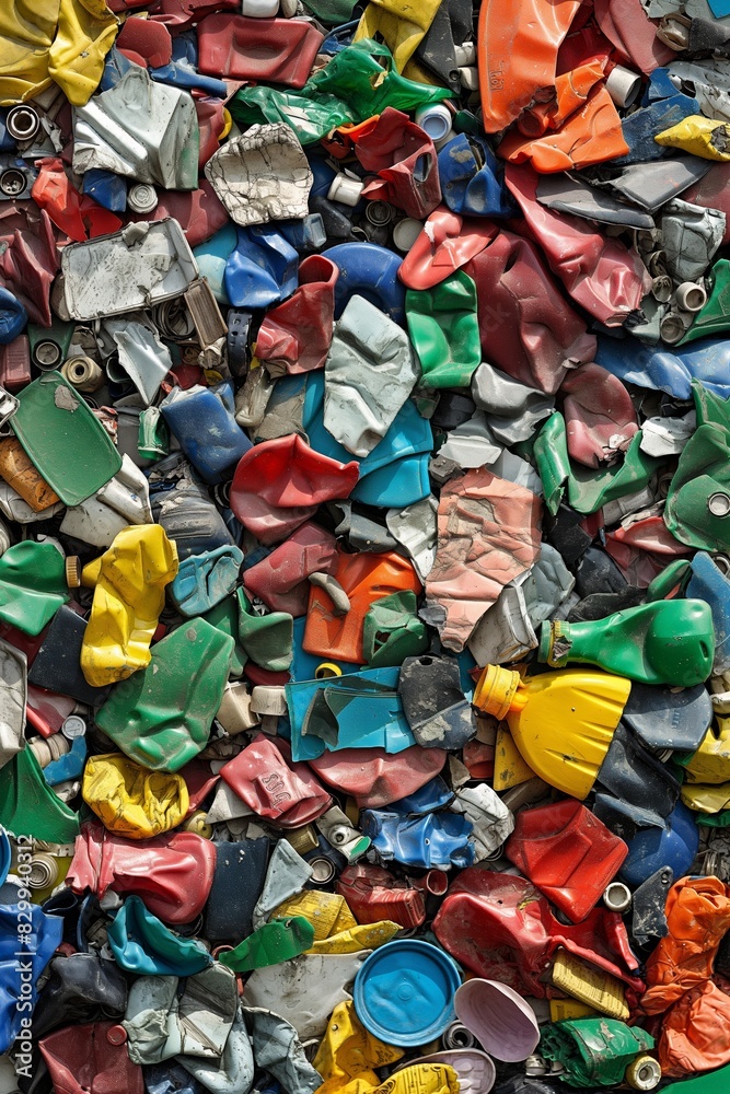 Pile of compressed plastic waste, showcasing a wide variety of colors and forms Pile of compressed plastic waste, showcasing a wide variety of colors and forms