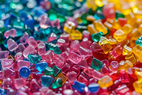 Close-up view of shiny  vibrant plastic pieces resembling gems or crystals