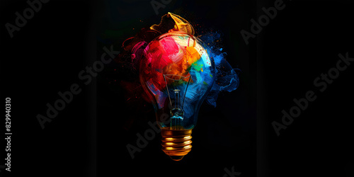 A light bulb with colorful liquid inside sits on a table with a black background. © Saim