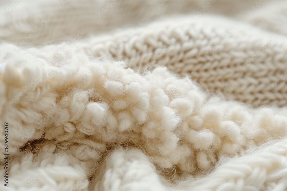 Macro shot of chunky white knit wool fabric, emphasizing its highly textured and soft braided pattern Macro shot of chunky white knit wool fabric, emphasizing its highly textured and soft braided pattern