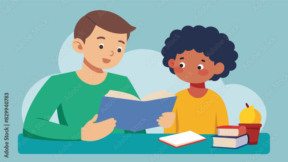 An older student volunteers their lunch hour to read with a shy and quiet younger classmate providing a safe and comforting environment to practice their reading skills.. Vector illustration An older student volunteers their lunch hour to read with a shy and quiet younger classmate providing a safe and comforting environment to practice their reading skills.. Vector illustration