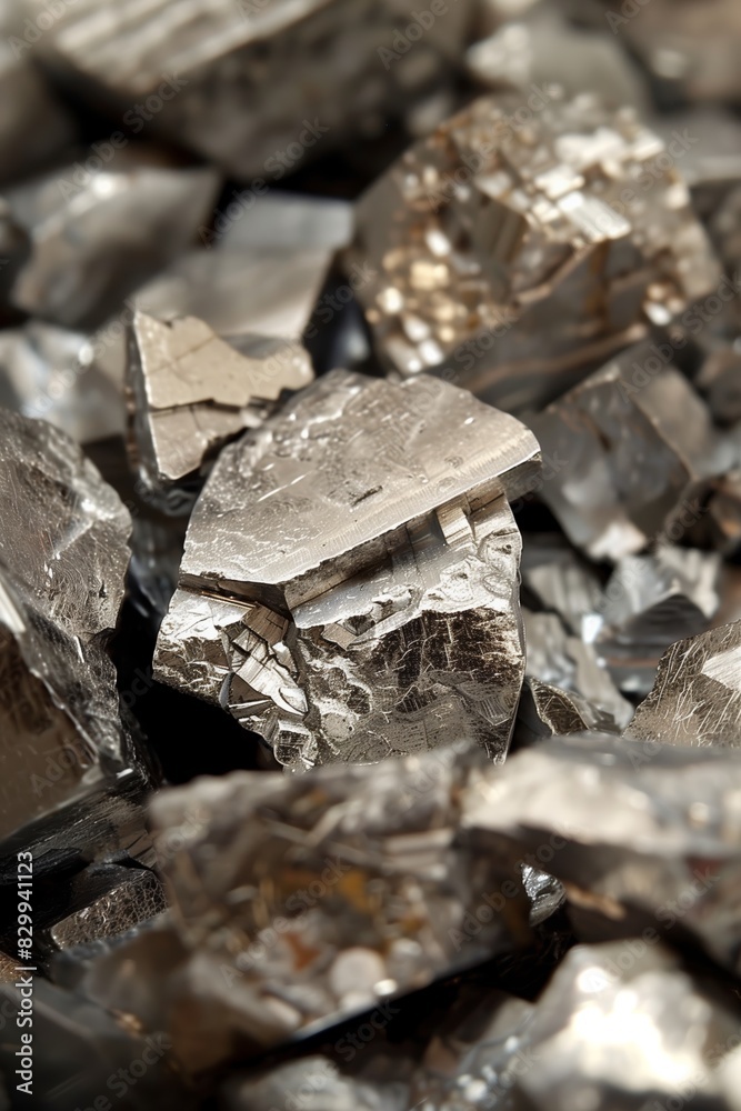 Macro photography captures the intricate details and textures of large metallic crystals Macro photography captures the intricate details and textures of large metallic crystals