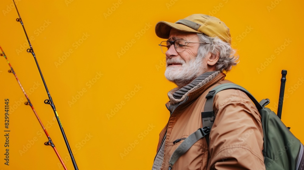 Naklejka premium An angler is a person who has a passion and interest in fishing, whether for relaxation, sport, or for catching fish as food. Isolated yellow background