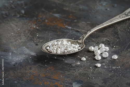 A spoon overloaded with shiny silver zinc pellets photo