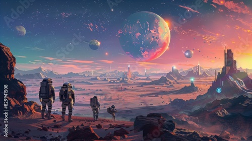 A captivating scene of astronauts exploring the rugged terrain of a distant planet with advanced rovers under a mesmerizing sky filled with planets and stars photo