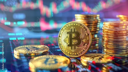 Bitcoins gold with candle stick graph chart and digital background. Mining or block chain technology