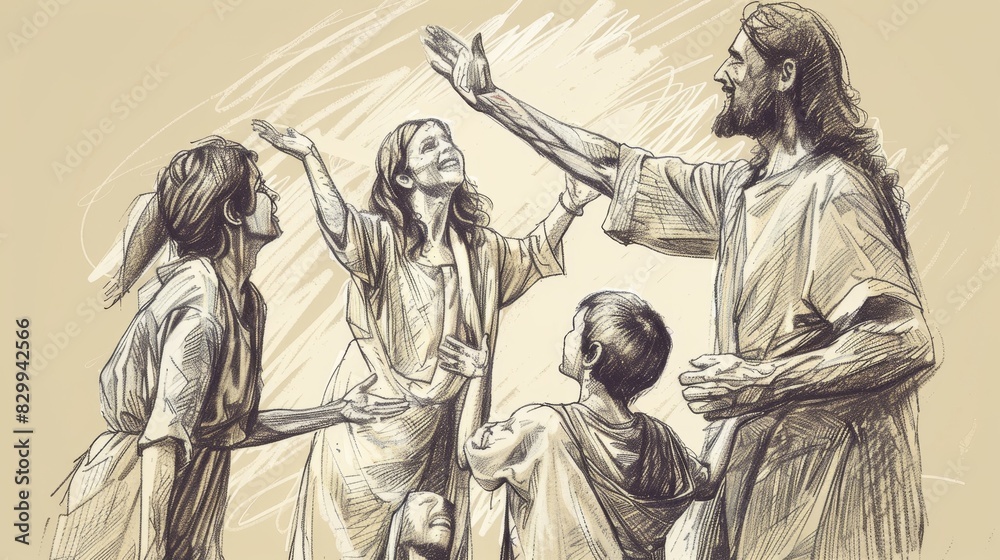 Biblical Illustration: Jesus Raises Jairus' Daughter, Family Celebrates, Beige Background, Copyspace Biblical Illustration: Jesus Raises Jairus' Daughter, Family Celebrates, Beige Background, Copyspace