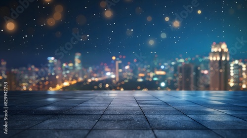 Night cityscape with a tiled foreground and a bokeh background of city lights and skyscrapers  creating a vibrant atmosphere