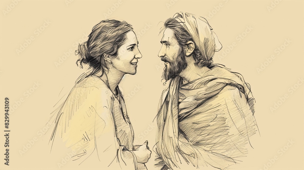Biblical Illustration: Jesus Reveals Himself to Samaritan Woman, Jacob's Well, Messiah, Beige Background, Copyspace Biblical Illustration: Jesus Reveals Himself to Samaritan Woman, Jacob's Well, Messiah, Beige Background, Copyspace