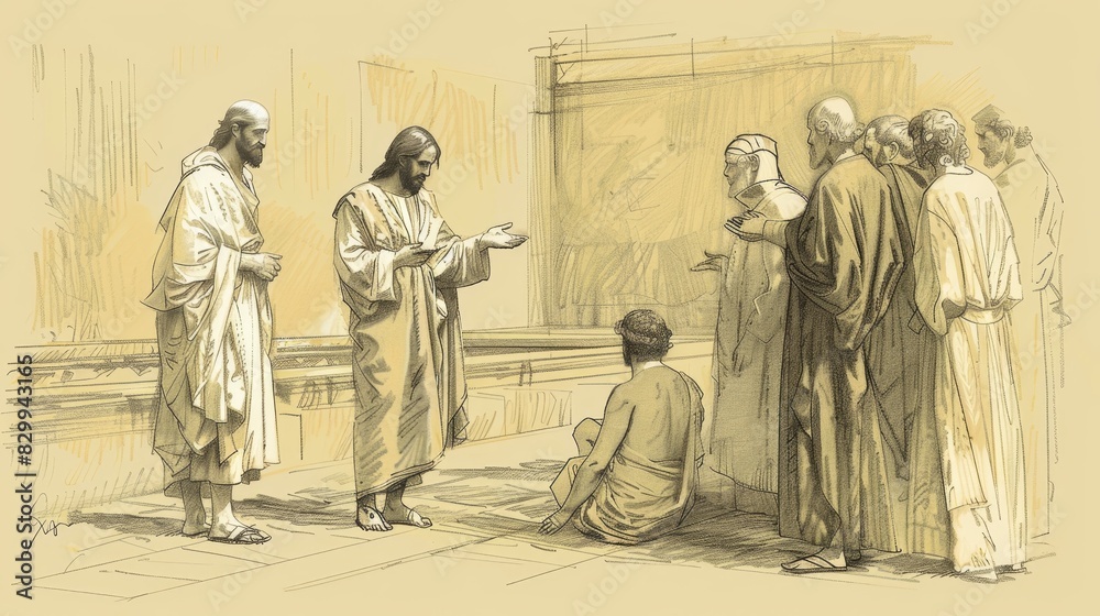 Fototapeta premium Biblical Illustration: Healing at Bethesda, Jesus and Invalid, Onlookers Question, Beige Background, Copyspace