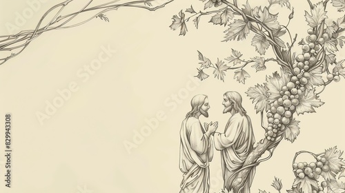 Biblical Illustration: The Vine and Branches, Jesus Teaching with Vineyard Imagery, Beige Background, Copyspace