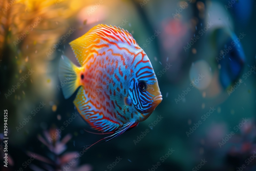 Alluring discus fish (symphysodon aequifasciatus) displaying stunning color patterns in aquarium Alluring discus fish (symphysodon aequifasciatus) displaying stunning color patterns in aquarium