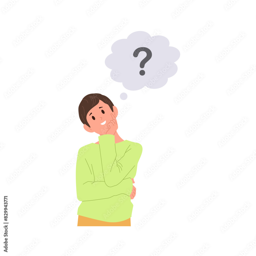 Dreamy smiling boy child cartoon character with question mark thinking touching chin with finger Dreamy smiling boy child cartoon character with question mark thinking touching chin with finger