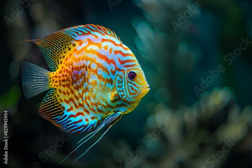 Charming discus fish (symphysodon aequifasciatus) displaying gorgeous color patterns in aquarium