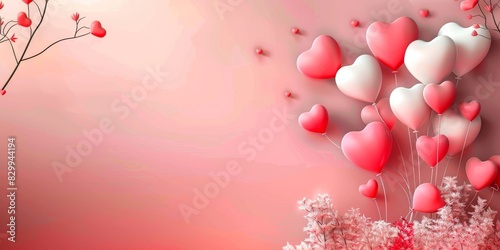 Red Heart shaped balloons composition on pink color background