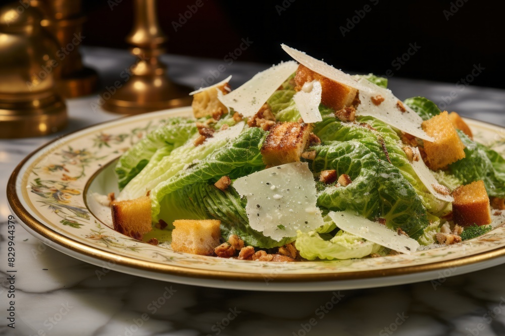 Refined caesar salad on a marble slab against a ceramic mosaic background Refined caesar salad on a marble slab against a ceramic mosaic background