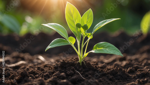 World environment day, A vibrant green seedling with multiple leaves growing in rich, dark soil, illuminated by warm sunlight in a blurred background