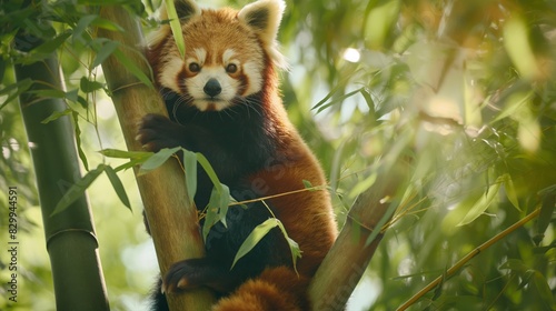 Playful Red Panda with Reddish Brown Fur Posing on Bamboo Tree in Lush Green Forest