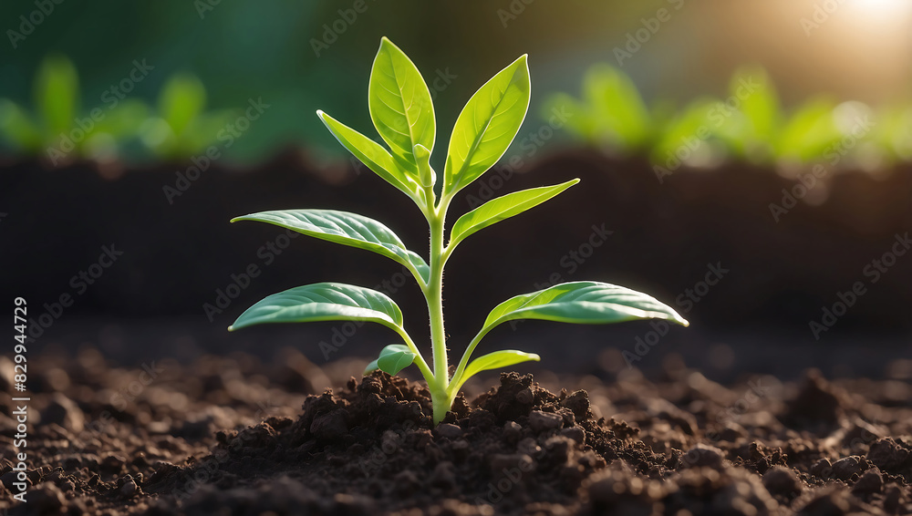 World environment day, A vibrant green seedling with multiple leaves growing in rich, dark soil, illuminated by warm sunlight in a blurred background World environment day, A vibrant green seedling with multiple leaves growing in rich, dark soil, illuminated by warm sunlight in a blurred background