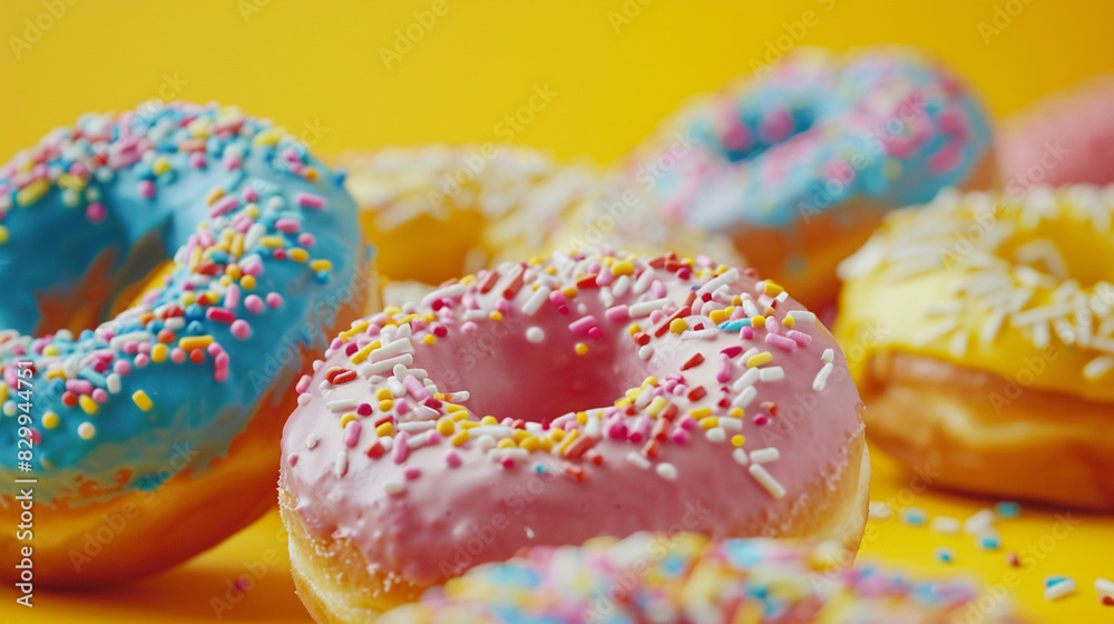 Colorful donuts, sprinkled toppings, bright yellow background, delicious pastries, close-up shot
