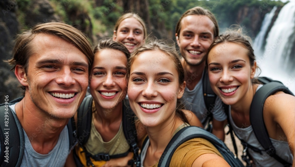 Fototapeta premium Group of young adults smiling for a selfie in front of a breathtaking waterfall, exhibiting joyful expressions and casual outdoor attire.