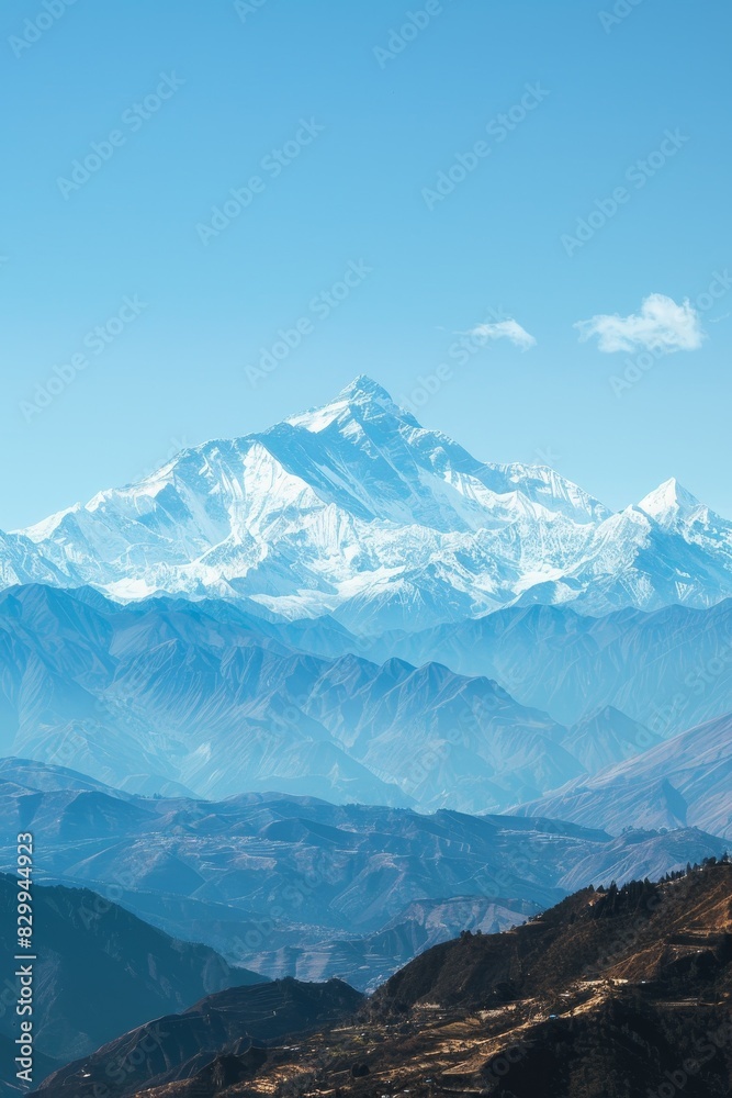A majestic mountain range with snow-capped peaks under a clear blue sky, perfect for outdoor and adventure themes A majestic mountain range with snow-capped peaks under a clear blue sky, perfect for outdoor and adventure themes