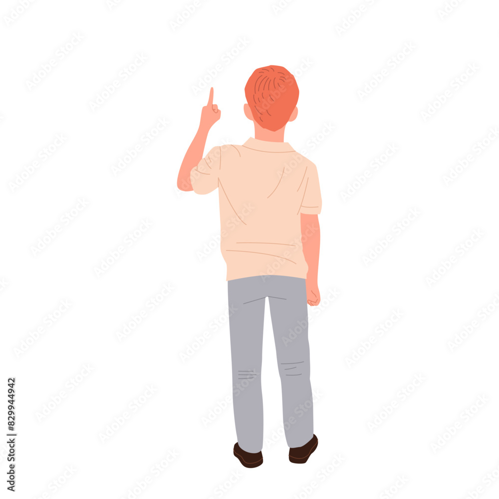 Back view of preteen boy isolated cartoon character pointing finger up indicating something Back view of preteen boy isolated cartoon character pointing finger up indicating something