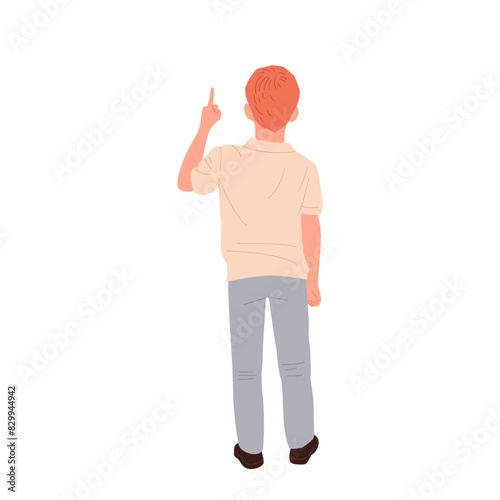 Back view of preteen boy isolated cartoon character pointing finger up indicating something