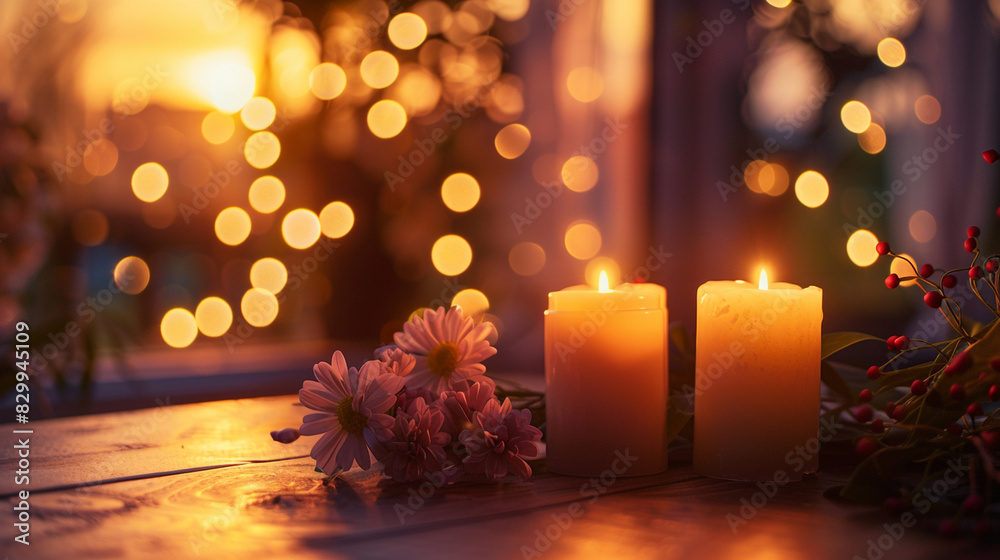Candles on a table, soft warm light, sunset in the background, flowers beside the candles