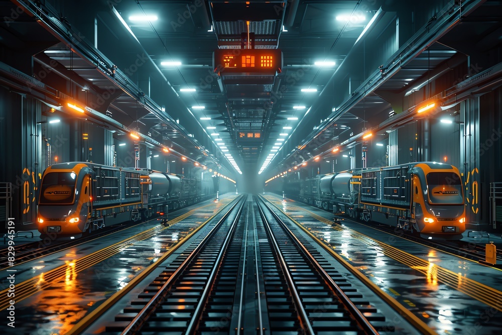 A futuristic train station with highspeed cargo trains loading and unloading automated freight containers A futuristic train station with highspeed cargo trains loading and unloading automated freight containers