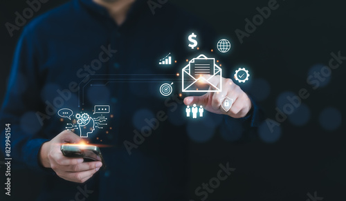 Man using Artificial Intelligence technology on smartphone to communicate and ask information with AI bot for strategy business development management, Machine learning for big data in digital system