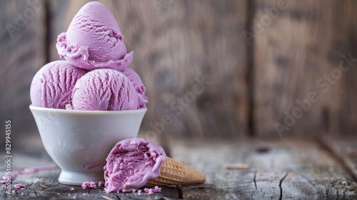 Savor the creamy glory of redpurple ice cream focus on, gourmet treat, surreal, composite against a rustic wooden table backdrop photo