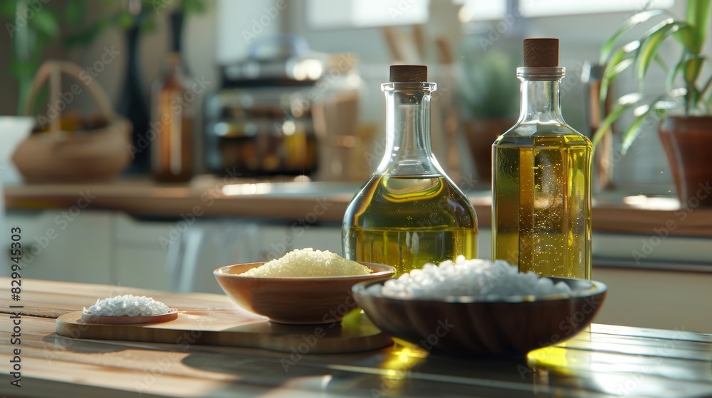 Photorealistic harmony of water, rice, and oil for Thai cuisine (selective focus, culinary balance, realistic, overlay) with a clean kitchen backdrop Photorealistic harmony of water, rice, and oil for Thai cuisine (selective focus, culinary balance, realistic, overlay) with a clean kitchen backdrop